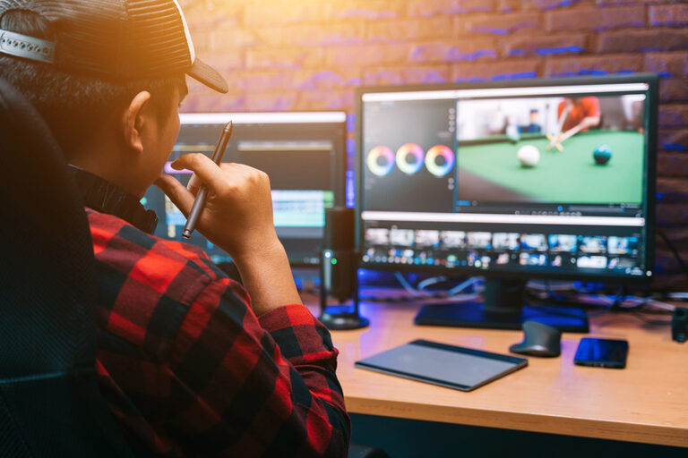 Asian creative man and editor video work Vlogger editing video create content for upload on social media or internet online connect communication people ware global.