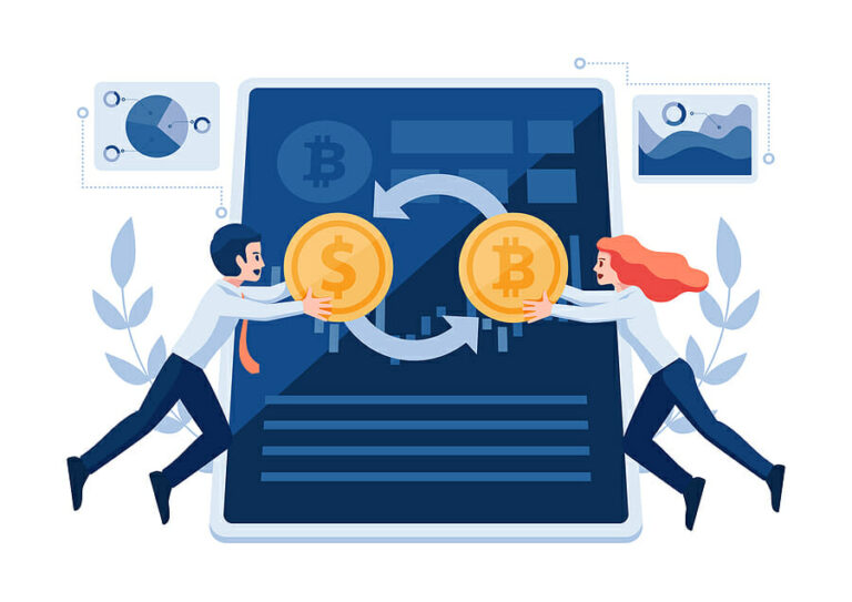 Businessman and Woman Swap Dollar Coin to Bitcoin Through Cryptocurrency Exchange Application. Cryptocurrency Exchange Trading Platform Concept.